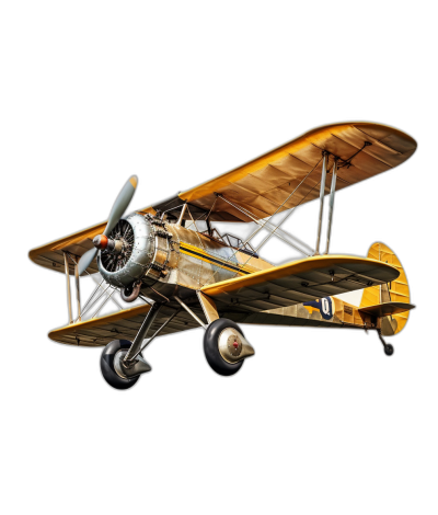 an illustration of an old style biplane, yellow and white with gold trim flying against black background, ultra realistic