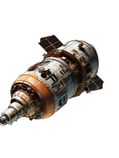 Realistic photograph of an abandoned space station floating in a black background, perspective view, of old rusty metal with orange and white details, cinematic lighting creates a cinematic look, with high resolution photography capturing insanely detailed and intricate details in an epic composition, shot on a canon eos r5 camera with a canon mk III lens, the 3d render was octane rendered at 8k resolution, using studio lighting, with an isolated png cutout on a black background, in the style of a realistic sci-fi photograph.