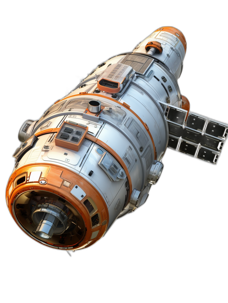 A space station in the shape of TRE_walkie Prometheus, orange and white color scheme, white background, black background, top view, photorealistic, hyperrealism, high resolution photography, insanely detailed, intricate details, hyper realistic, hyper detaild renderman