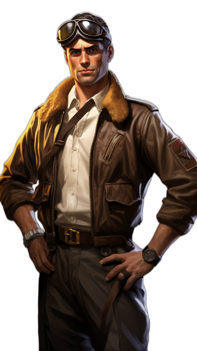 character portrait of an American World War II pilot wearing a brown leather jacket with a fur collar and a white shirt underneath, tan pants, goggles on his head, hands in pockets, confident pose, full body shot, black background, in the style of [Robert Bateman](https://goo.gl/search?artist%20Robert%20Bateman), in the comic book style, a digital painting, 2d game art
