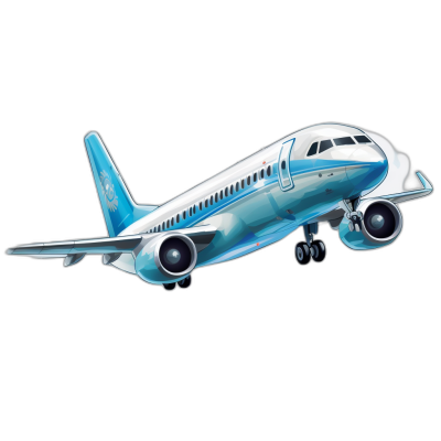 A light blue and white passenger plane is flying in the air, vector illustration style with black background. The overall shape of airplane icon has an extremely delicate texture on its surface. It features exquisite details and is presented as an ultrahigh definition resolution,,in