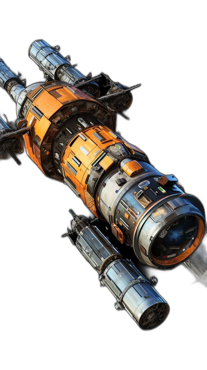 A small space station with an orange and silver color scheme floats in a black background, in the style of an unreal engine video game. It has a sci-fi design with realistic details and is hyperrealistic with intricate details in sharp focus, like a high resolution studio photo.
