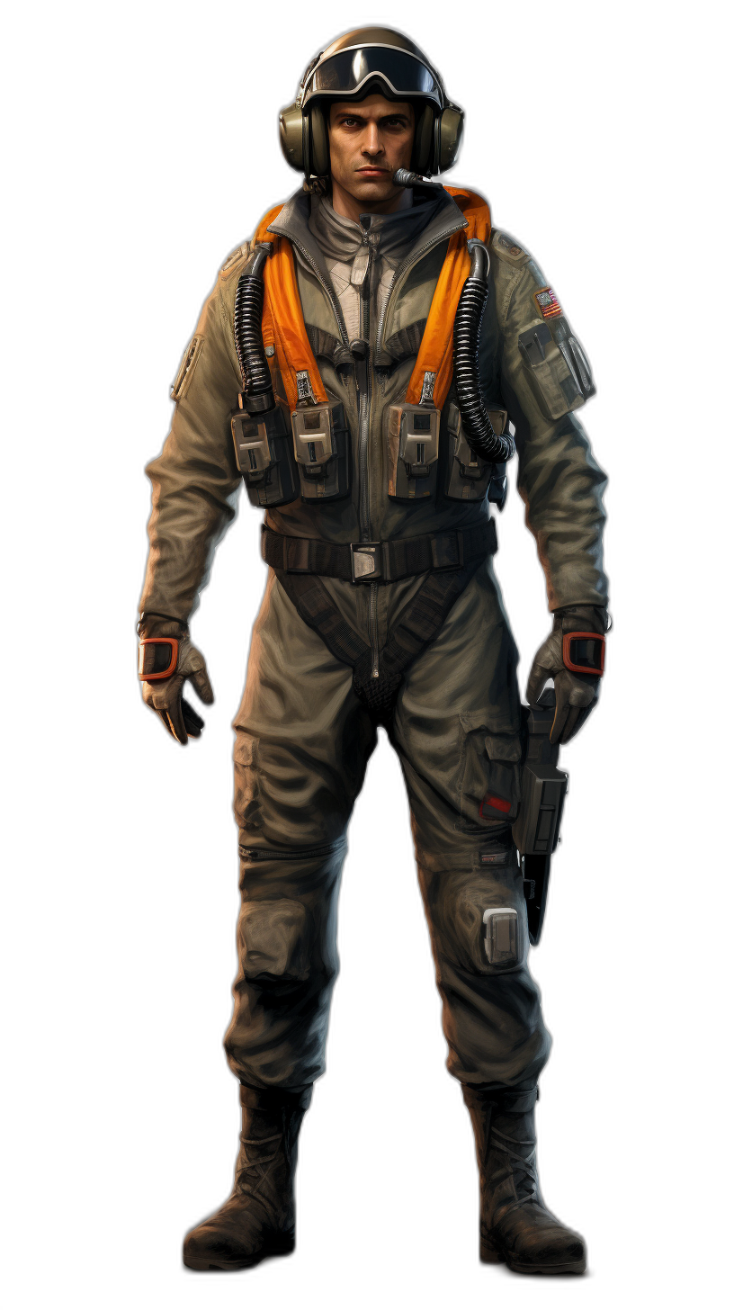 full body concept art of pilot in the style of call to duty game, black background, character is wearing grey and orange flight suit with helmet