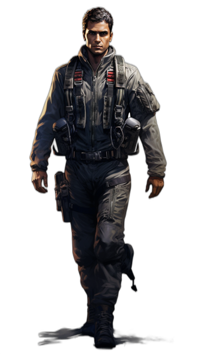 full body character concept art of Michael X mesmer, fulllength action shot of an airsoft player with dark hair and wearing grey flight jacket over black jumpsuit with white stripes on the sleeves, he has military boots in his hand, his face is visible and smiling slightly at camera, black background, digital painting by [Greg Rutkowski](https://goo.gl/search?artist%20Greg%20Rutkowski)