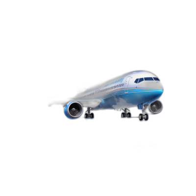 A light blue and white boeing airplane on a black background, isometric view, photorealistic in the style of cinematic lighting, ultra wide angle lens, f/28