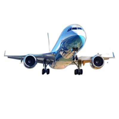 3d render of boeing airplane flying, blue and silver color on black background, front view, highly detailed