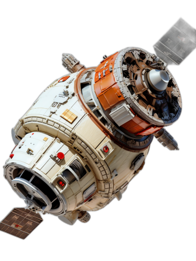 A detailed photo of the Russian humans walnut space station, black background, white and orange color scheme, real details, product photography, studio lighting, perspective view, high resolution, hyperrealistic