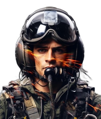 Pilots portrait, fighter jet pilot with helmet and tactical vest, epic face shot on black background, fire in the eyes, hyper realistic photography