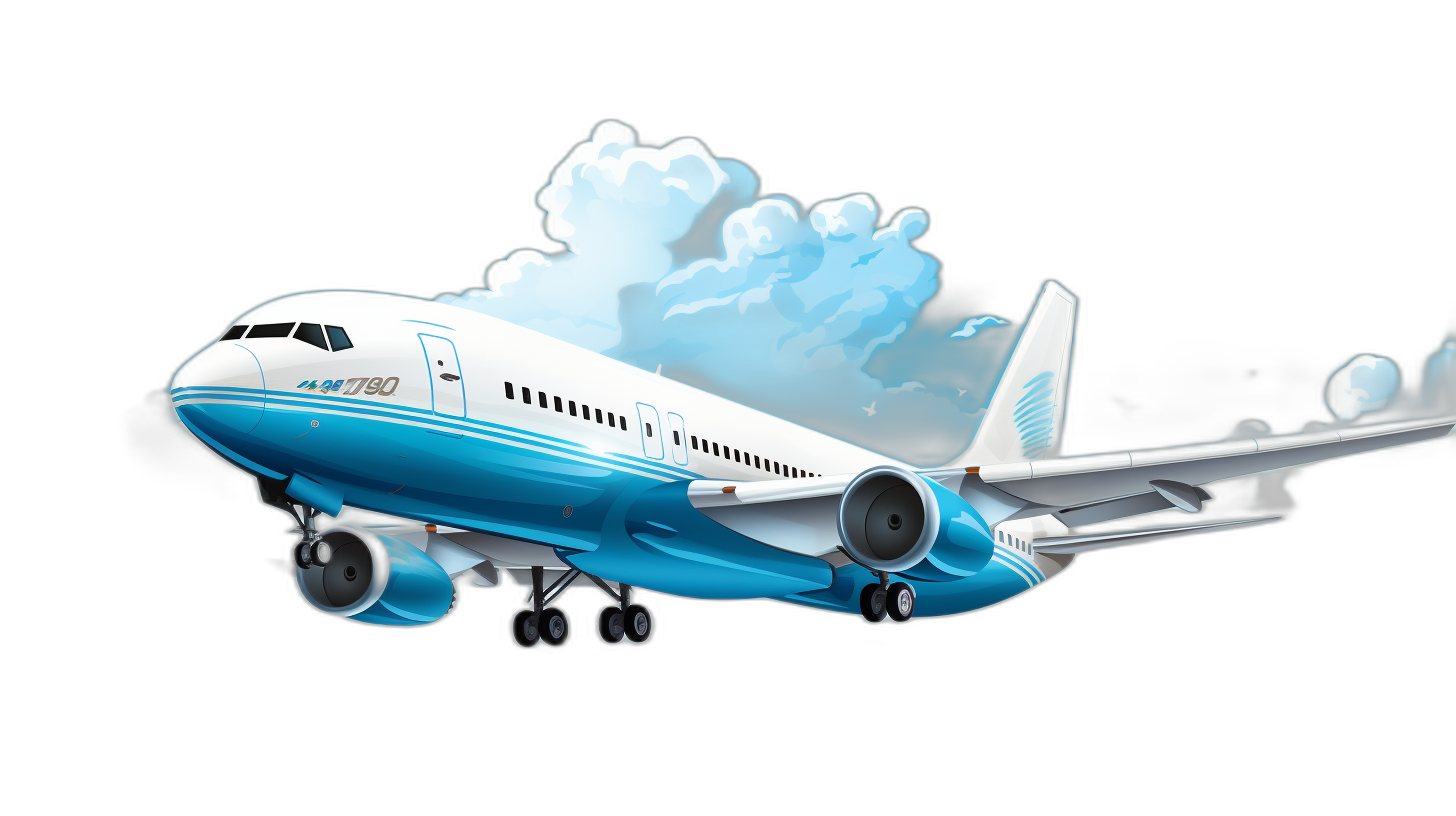 3D rendering of a Boeing airplane flying in the sky, in the style of cartoon, vector illustration for a kids book, with a blue and white color palette against a black background.
