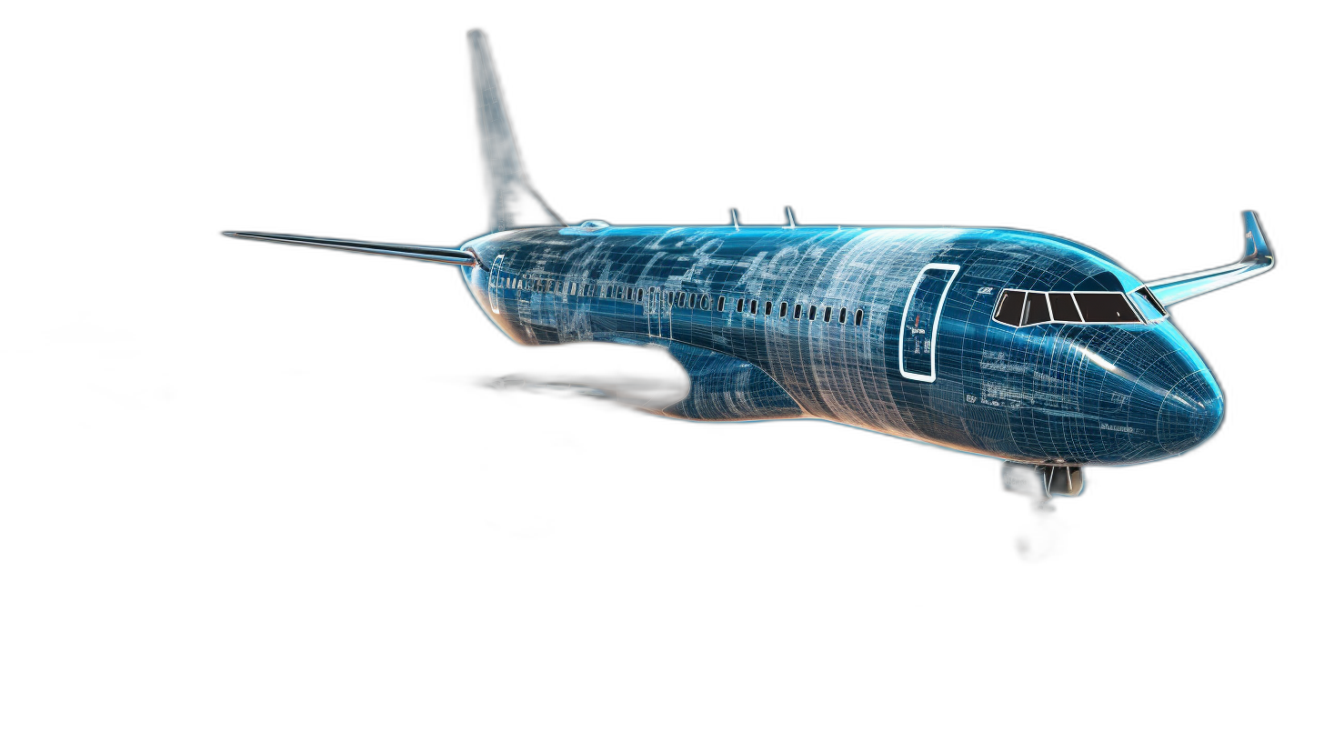 3D rendering of an airplane in the style of blueprint, floating on a black background, high resolution photograph