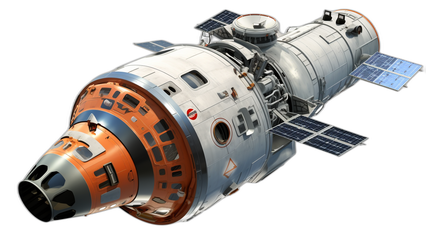 3d render of an apollo era space capsule with solar panels on the side, isolated in black background, white and orange color scheme, hyper realistic
