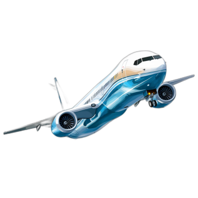 3D rendering of a flying Boeing airplane isolated on a black background, in the cartoon style with thick lines and low detail, using vivid colors in a pastel tone with a white and blue theme and brown rim lighting. The plane is flying in the air with its engine blades visible. It has no windows or nose.
