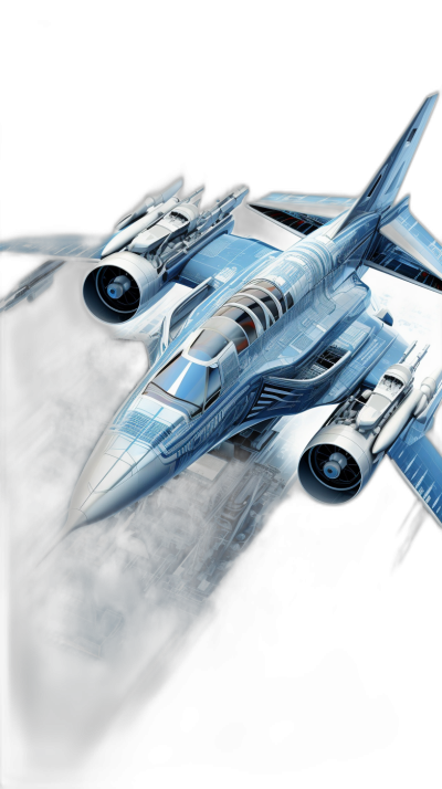 concept art of an ice blue and white fighter jet with rounded edges, the background is black,