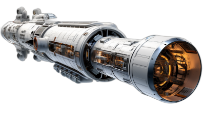 3d render of space station, spaceship engine on the side, black background, hyper realistic details, hyper detailed