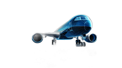 3d render of an airplane in xray style on black background, blue glowing lines,