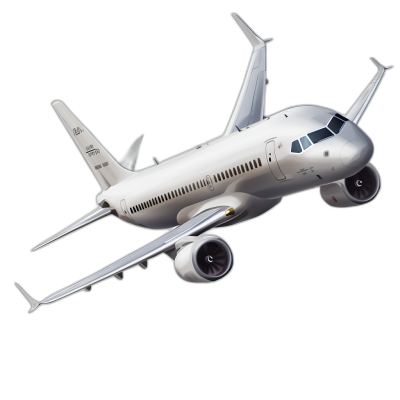 Realistic photograph of an complete A320 white airplane in flight, solid stark black background, focused lighting