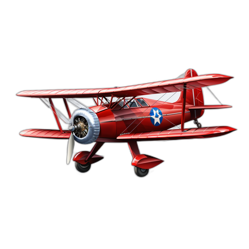 A red biplane illustration in the style of a cartoon on a black background with no shadows, gradient shading, or noise. The vector graphic design is high resolution, high quality, and high detail with sharp focus.