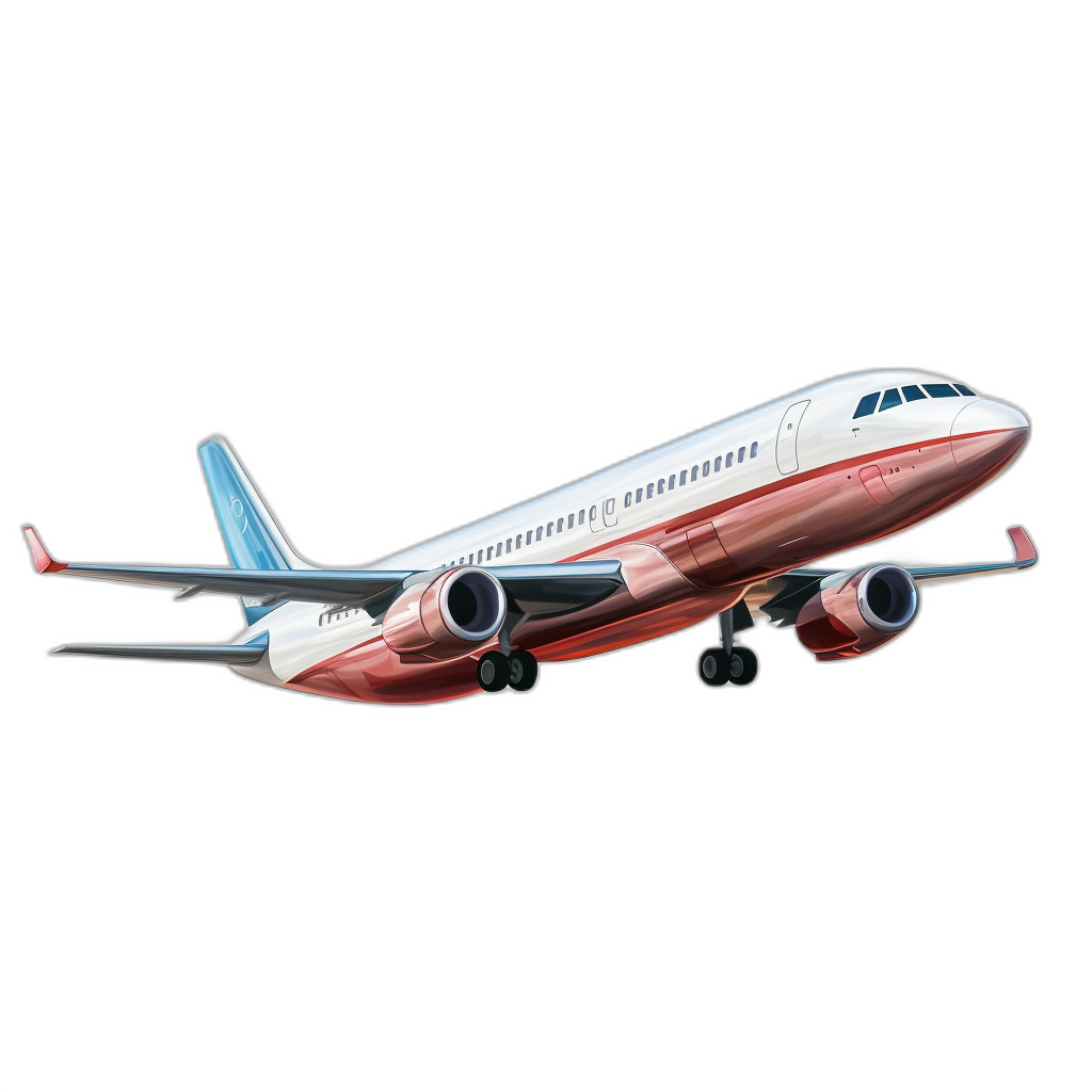 A white and red passenger plane flying through the air in the style of a vector illustration, with a cartoon character design against a black background. The 3D rendering is high resolution and ultra detailed, with super realistic and bright colors that give it a full sense of vitality. The illustration has high detail.