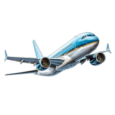 illustration of airplane in flight, light blue and white with gold trim on black background, cartoon style, low detail, smooth edges, clean sharp focus, high resolution, high quality