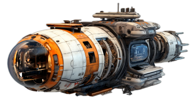 A small spaceship with large mechanical storage compartments, white and orange metal texture, sci-fi style, black background, concept art in the style of [Craig Mullins](https://goo.gl/search?artist%20Craig%20Mullins), 3D render, unreal engine, blender rendering, high resolution