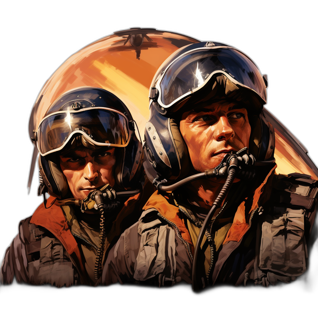 A pilot illustration with two men wearing helmets and goggles, orange flight suits, black background, in the vector art style, detailed artwork, vintage feel, dramatic lighting effect, bold colors, and high contrast to highlight the theme of intense action in aerial combat.