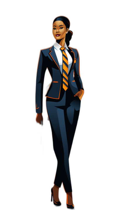 A beautiful black business woman in a dark blue suit with an orange tie, a full body character design in the style of a cartoon, a vector illustration on a black background with professional studio lighting, a high resolution image with high details and sharp focus in a 2D style without shadows.