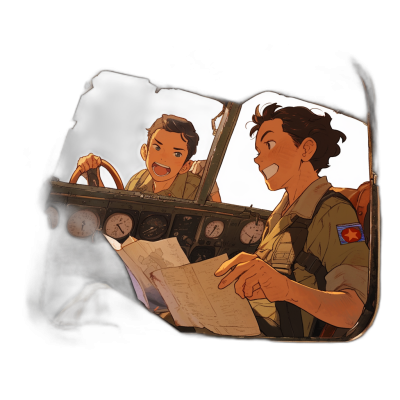 Two young men in military uniforms, sitting behind the wheel of an airplane and looking at a map together with smiles on their faces. The window is open to show them from outside. In the style of anime.