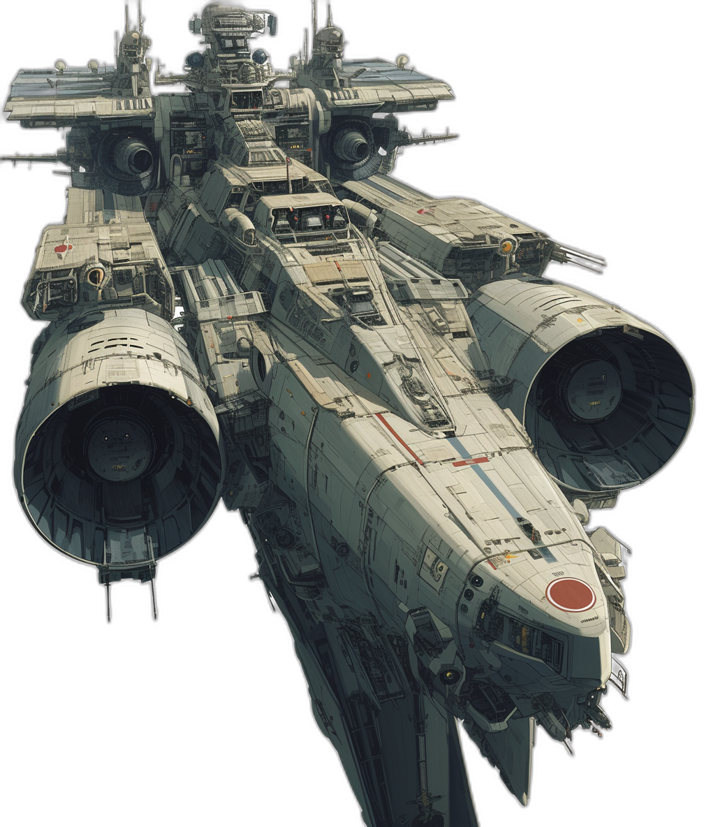 Star wars, A huge white battlecruiser with four engines and two wings on each side of its body. The bottom part is very large, like an aircraft carrier, and has no red lights or dark areas. Black background. Star Wars game art concept art in the style of game art concept art.