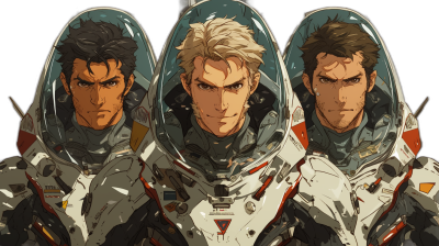 Three men in space suits, one blonde with short hair and brown eyes, the second has black hair and blue green eyes, the third man is a tall, muscular dark haired guy with gray blue expressive eyes, in the style of anime.