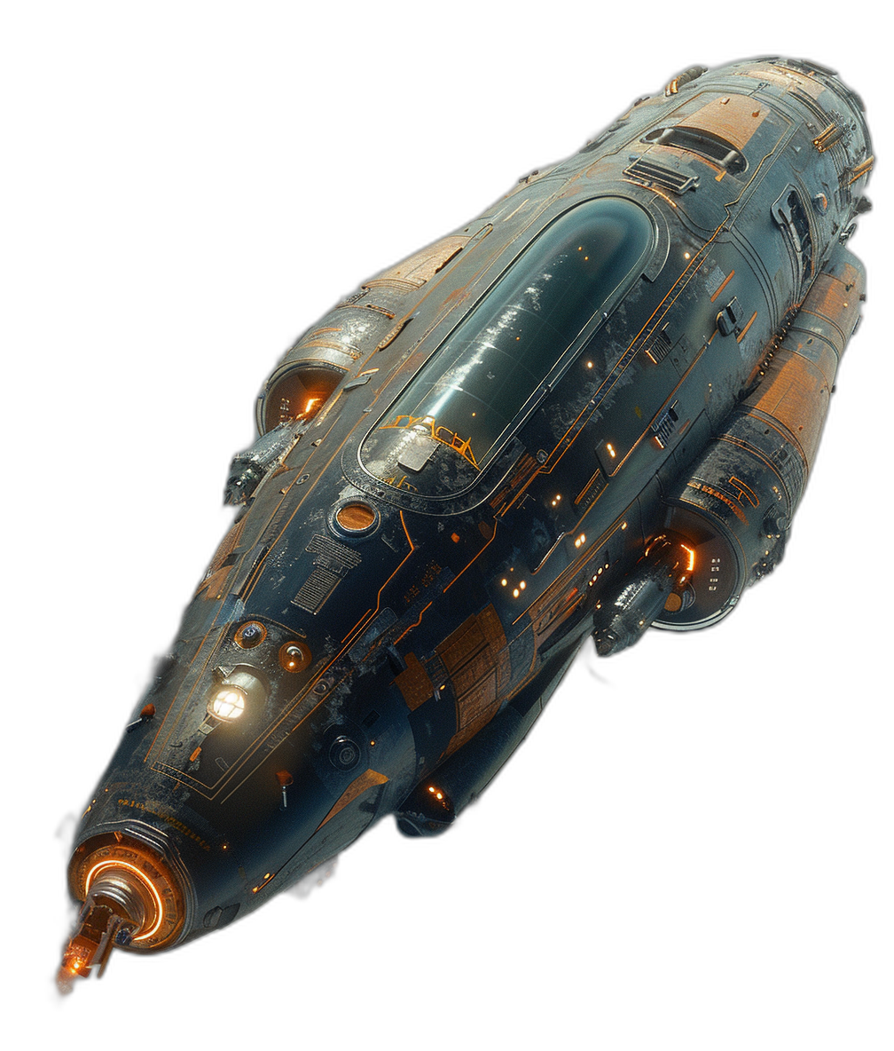 3D render of a space ship with a sci-fi theme, in the style of scifiship. The spaceship has a blue and gold color scheme in the scificore style against a black background. The hyper realistic render was done with the unreal engine and octane rendering software to achieve a hyper detailed and high quality and resolution result.