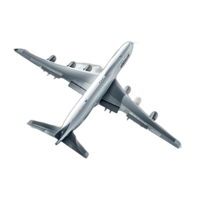 A complete silver passenger plane flying through the air, viewed from above, with a pure black background, rendered in the style of C4D, a 3D model with super details, featuring a white and gray color scheme, with no other elements, of high resolution, high detail, and high quality.