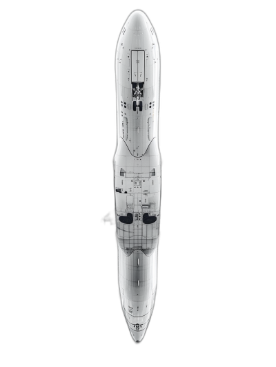 White drawing of the SpaceX double decker spaceship top view with a black background in the hyper realistic photographic style.