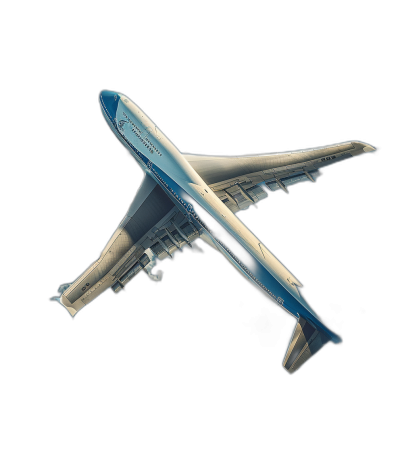 A complete Boeing airplane flying through the air in an isometric view, with a blue and white color scheme against a black background. The 3D rendering shows ultrafine details and precise contours of parts, with professional, high quality photography in a studio lighting style that makes it look super realistic and high definition.