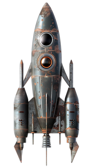 3d render of steampunk rocket ship, rusty metal with copper and silver accents, on black background, front view