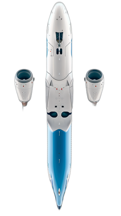 A white and blue space ship with two engines on each side, floating in the air. Black background. Top view.