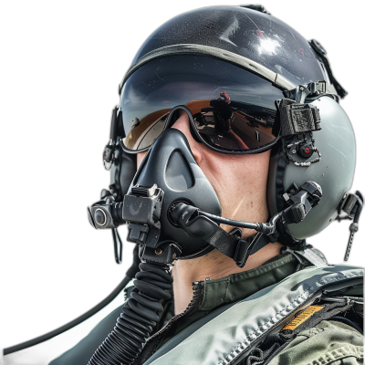 A fighter jet pilot wearing a helmet with a visor and goggles, in a portrait photography style, viewed from the side, on a black background, with high details.