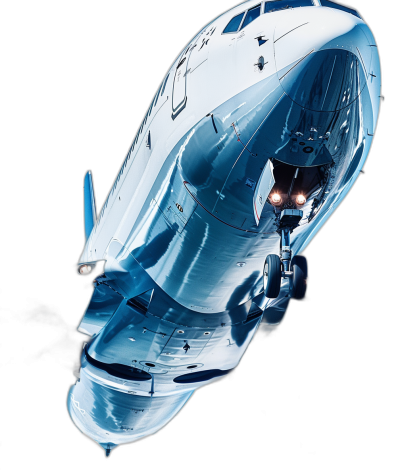 a blue and white spaceship in the shape of an boeing with glass windows, top down view, black background, photorealistic, hyperrealism, cinematic, movie still, shot on Sony Alpha A7 III camera