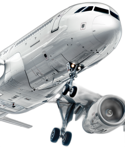 A320 airplane, white color with black background, closeup of the engine and landing gear, high resolution photography, HDR effect, high contrast, and high detail to highlight details. The aircraft is in flight position, with sharp edges and smooth curves. High quality images with clear textures and realistic lighting effects.