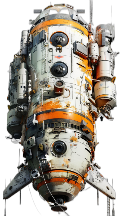 front view of small space station, orange and white color scheme, black background, in the style of Starwars, anime style, digital art