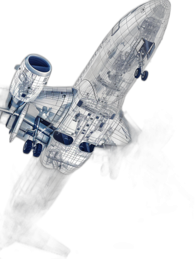 3D rendering of the blueprint for an airplane in white on a black background, with blue details and lines showing its structure and internal parts such as the engine and wing. The aircraft is seen from above, flying at a high speed. There is a strong motion blur effect around it that gives a sense of movement. In front there is a dark space with no objects or elements to fight against for a clear view. This scene conveys the power and performance of flight in the style of motion.