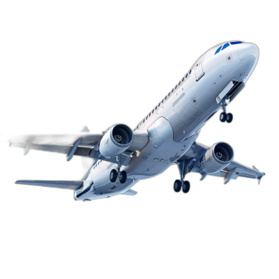 Realistic photo of an airplane in flight, white with blue details on the side and against a black background, a vector illustration in the style of 3d rendering, a high resolution photography in the style of high detail, studio lighting, high quality, sharp focus, a full body shot.