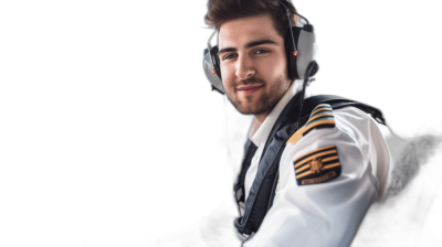 Portrait of a handsome young pilot with a headset in a white uniform on a black background, smiling and looking at the camera isolated over a dark background. Copy space for text, stock photo, contest winner. Professional studio lighting, high resolution image in the style of stock photography.