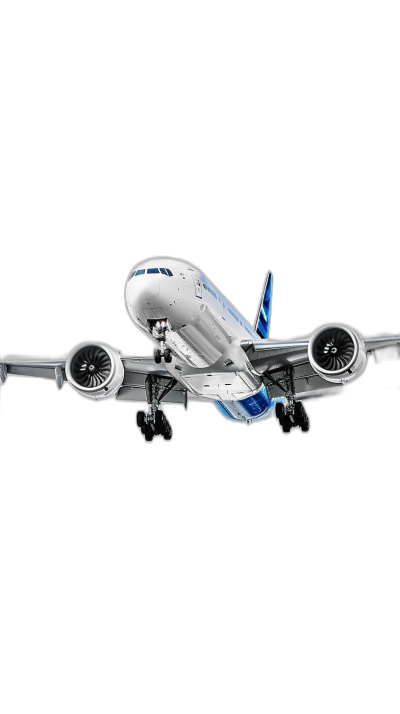 Boeing airplane flying, white and blue with black background, photorealistic, hyperrealism, full body shot, wide angle, cinematic