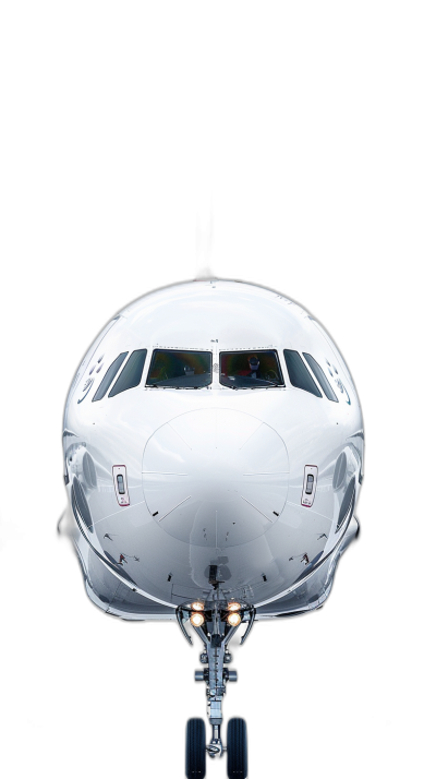 Front view of white passenger airplane against black background, high resolution photography