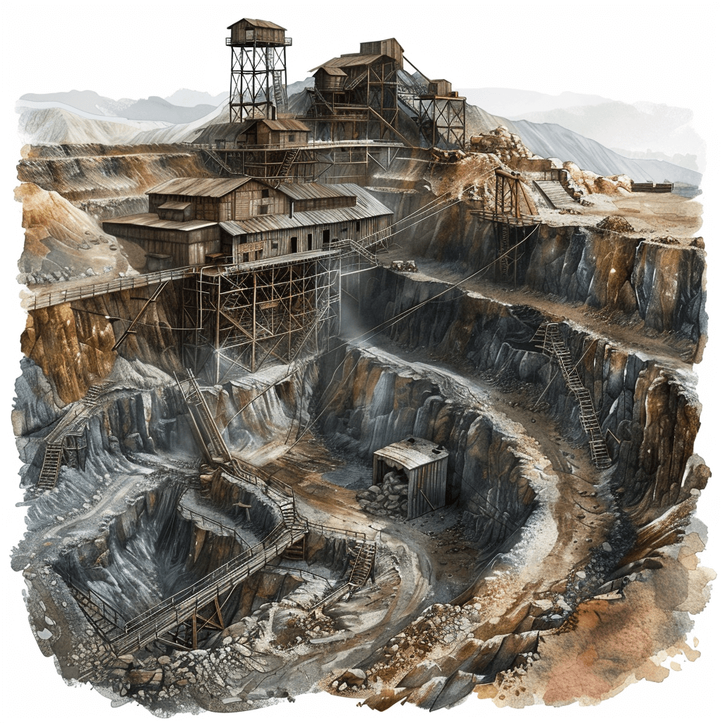 A highly detailed watercolor illustration of an old gold mine, very realistic, high resolution, white background, muted colors