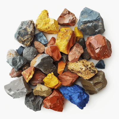 A pile of mixed rocks, including red rock, blue ironstone and yellow gold foil, arranged in the shape of an octagon on white background, photorealistic