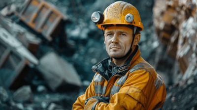 A portrait of a mining worker with a hard hat standing in front of a coal mine, in the style of cinematic photography, with a dark mood, hyper realistic.