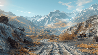 A rugged mountain road leads to the remote and mysterious village of Chréursion in Unreal Engine, showcasing rocky terrain, rugged mountains with snowcapped peaks, an abandoned vehicle parked on the side of the path, a sense of mystery and adventure in the air, with a backdrop of clear blue skies. The style is realistic with elements of fantasy, emphasizing the contrast between light gray rocks and dark brown soil, with subtle yellow foliage scattered around for depth. The scene is depicted in the style of realistic fantasy art with an emphasis on contrasts between light and dark colors and a sense of mystery and adventure.