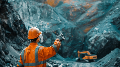Photo of a mining worker wearing an orange safety jacket and helmet using a smart device in his hand while standing in an open pit mine, where an excavator can be seen working in the background, with a dark blue color grading.