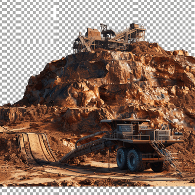 Generate an ultrarealistic photo of the open pit mine with heavy machinery and trucks on top, against a transparent background, in the style of an aerial photograph.